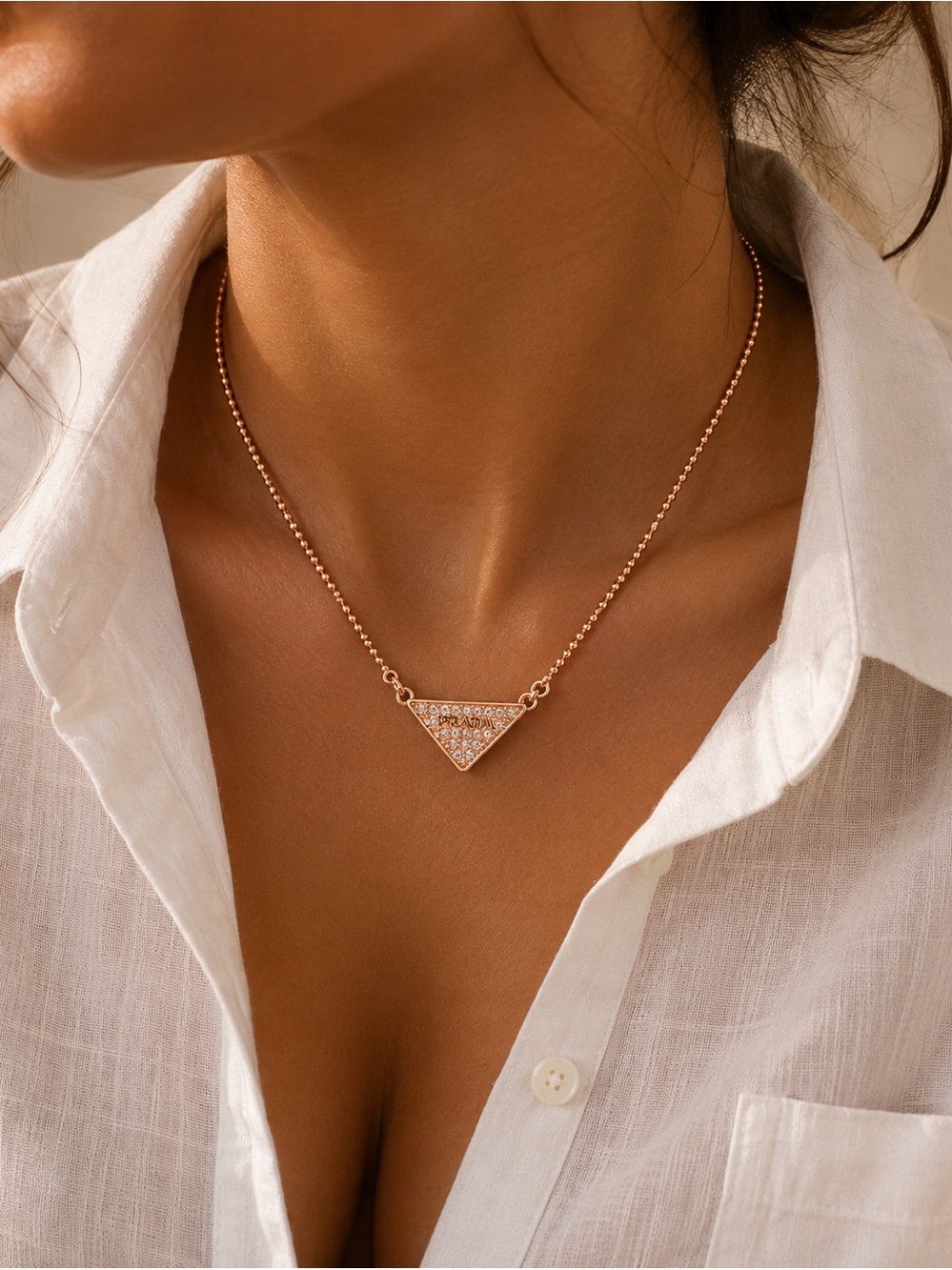 Prada Rose Gold Triangle Pavé Necklace